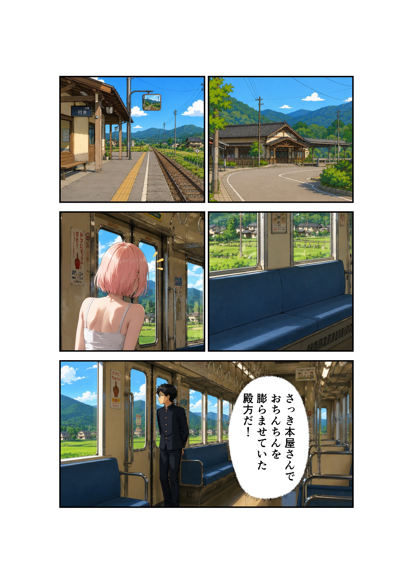 書店前とピンク髪のヒロインを描いた漫画導入